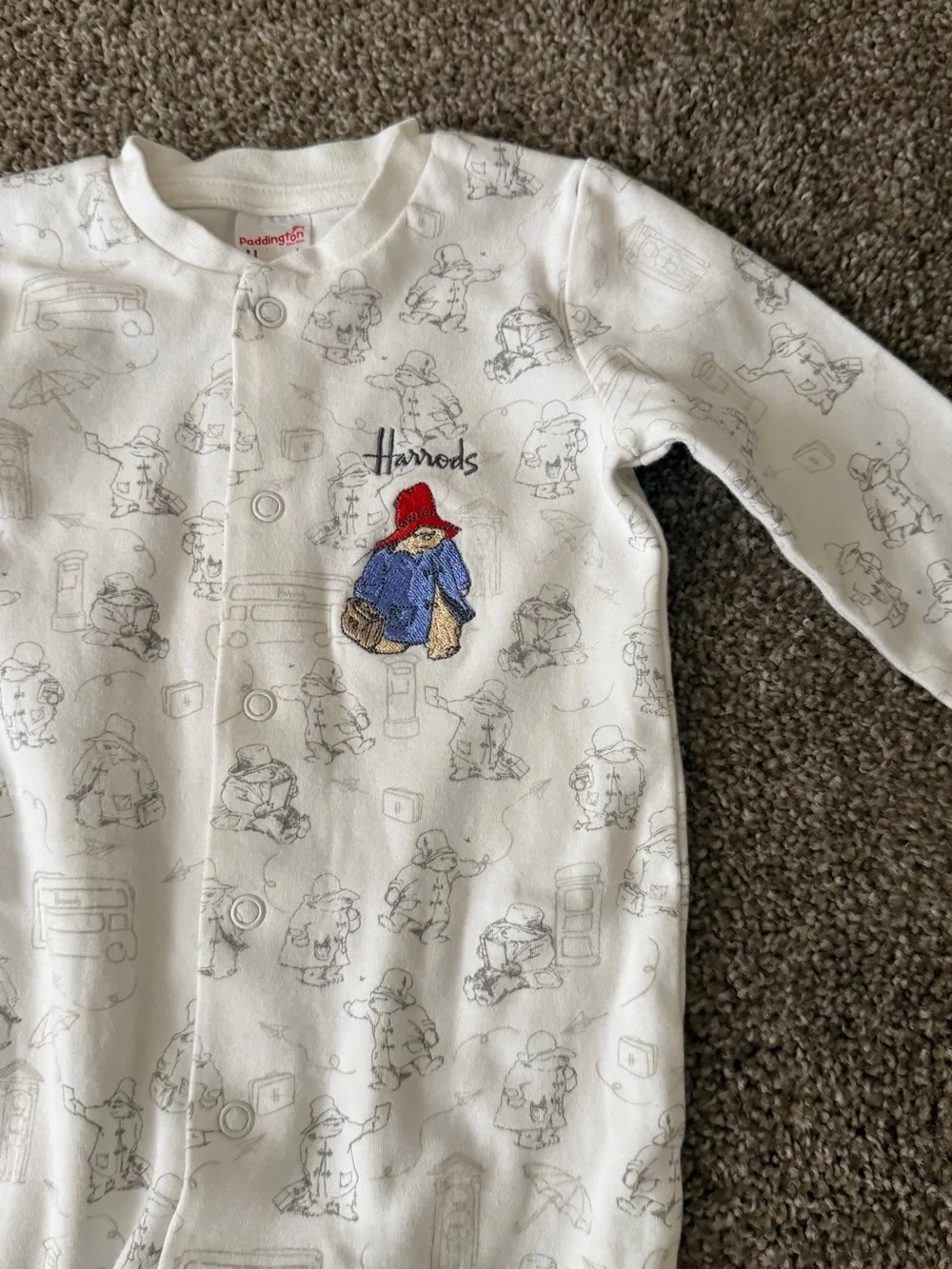 Harrods White Paddington Bear Embroidered Footie with Red Hat Detail